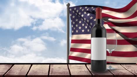 animación de una botella de vino tinto, vaso y bandera de ee.uu. ondeando sobre el fondo con nubes