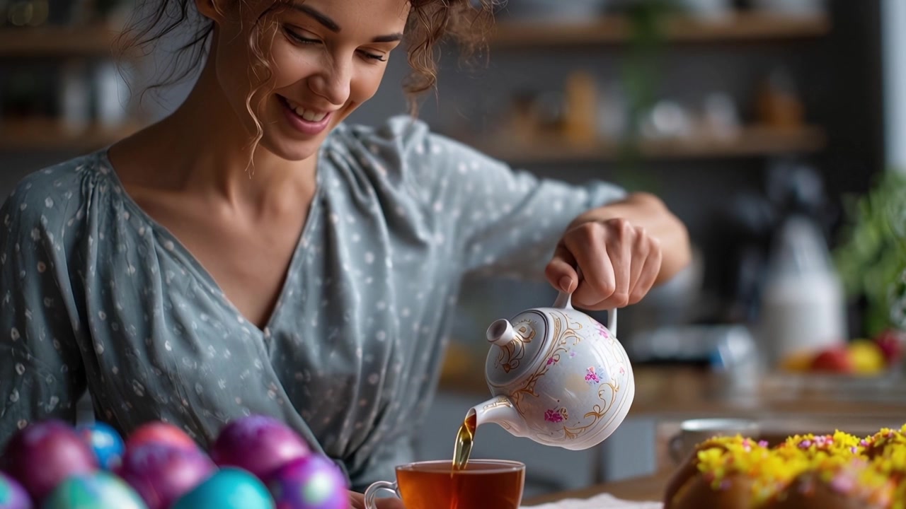 Donna sorridente che versa il tè per la colazione di Pasqua con uova colorate