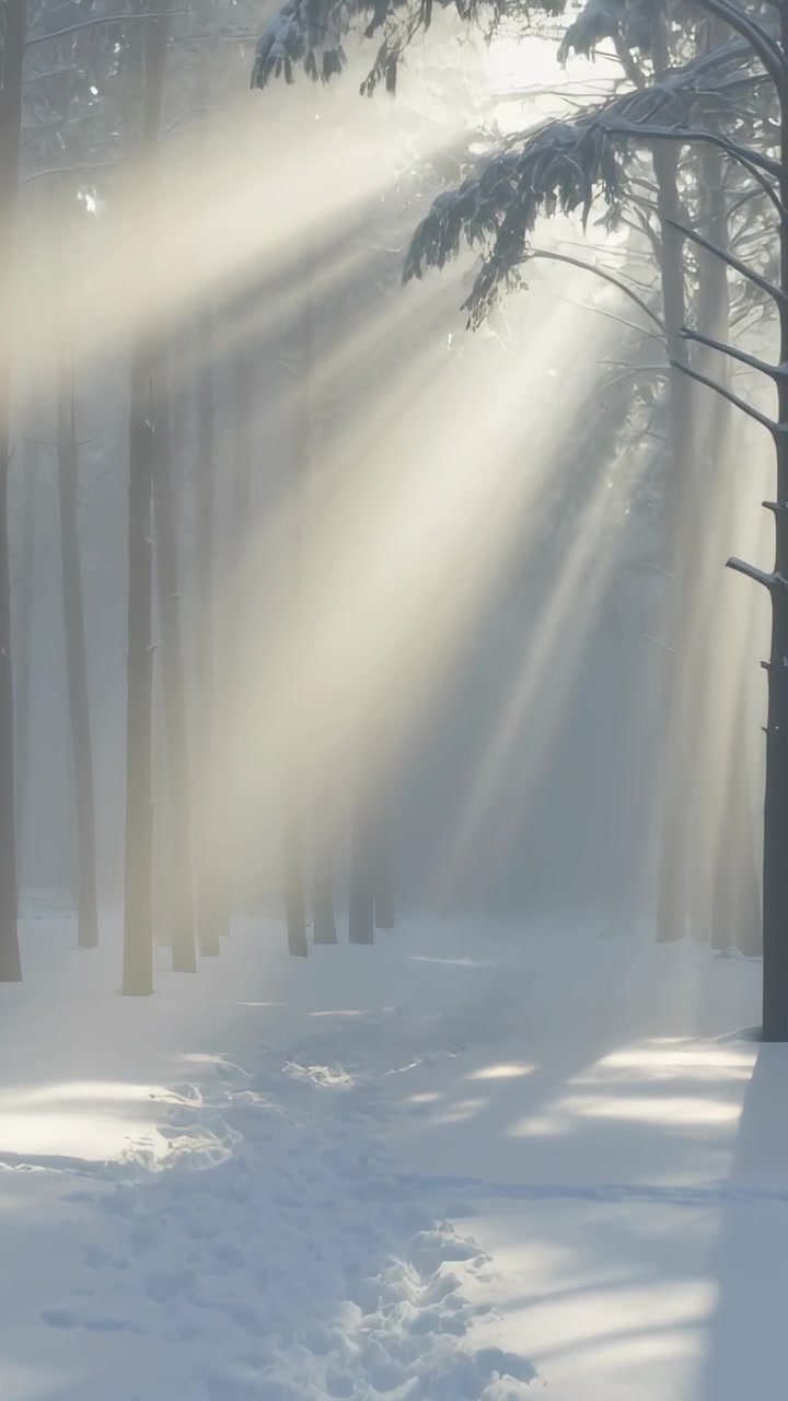 Vertical video: Filtering low sun casting sunbeams over snow path in forest, footprints visible