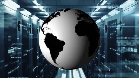 animation of rotating globe and computer language over bars on data server racks in server room