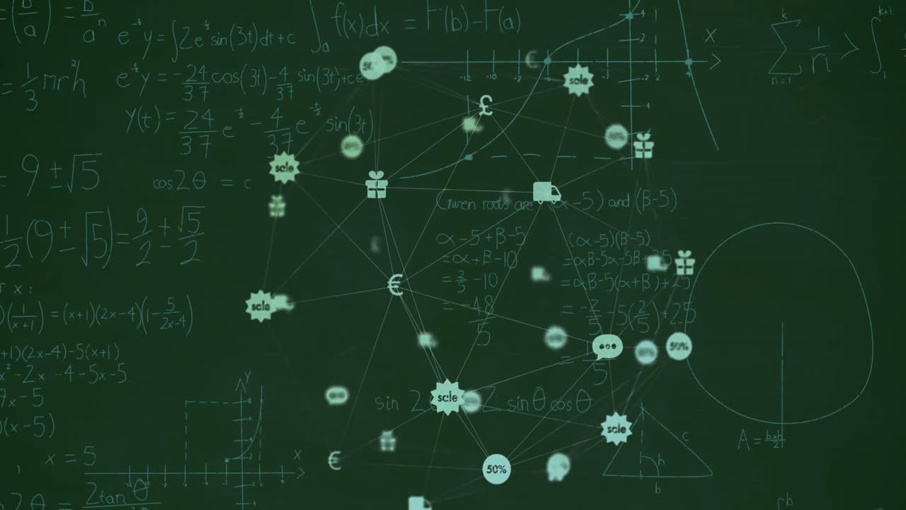 Animation of network of connections with icons over mathematical equations on black background