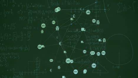 Animation-of-network-of-connections-with-icons-over-mathematical-equations-on-black-background