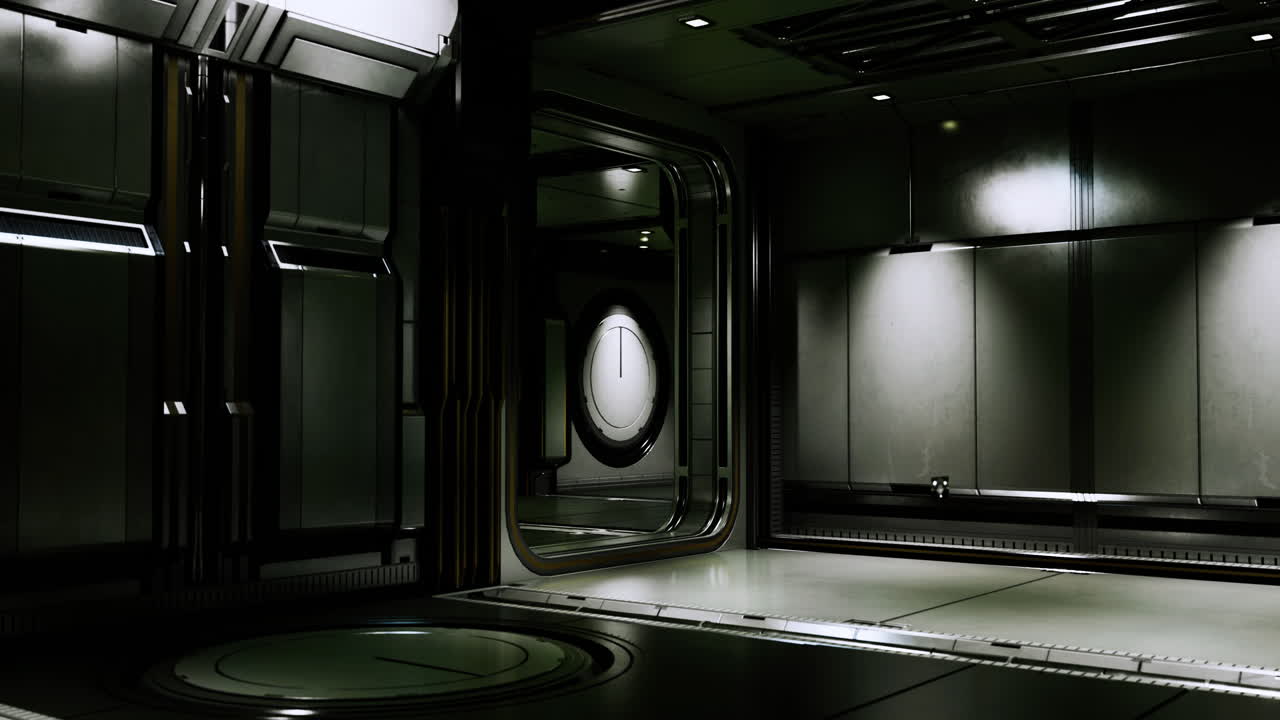 Dark futuristic corridor with metallic walls and circular doorway at night