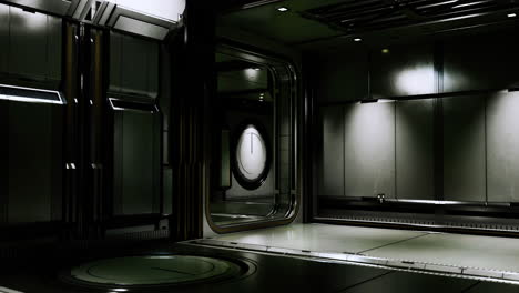 dark futuristic corridor with metallic walls and circular doorway at night
