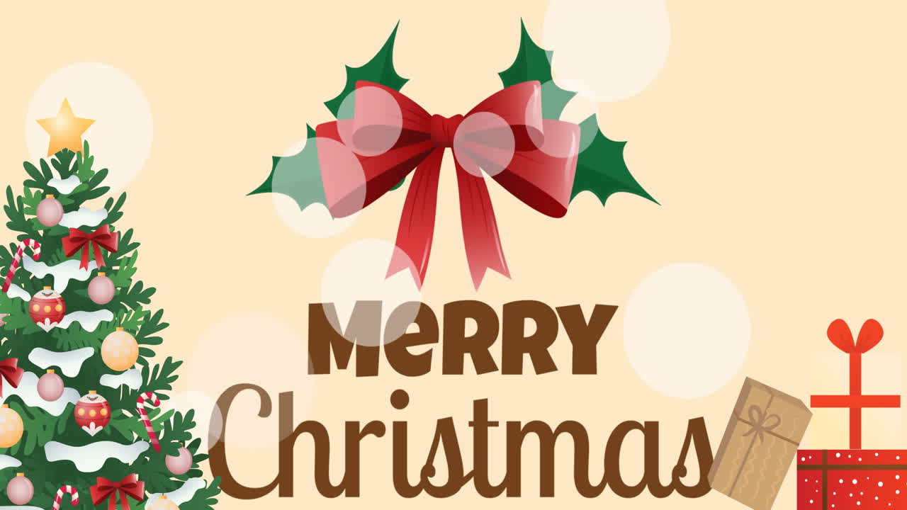 ⁇ 은 리본과 크리스마스 트리 위에 메리 크리스마스 텍스트의 애니메이션