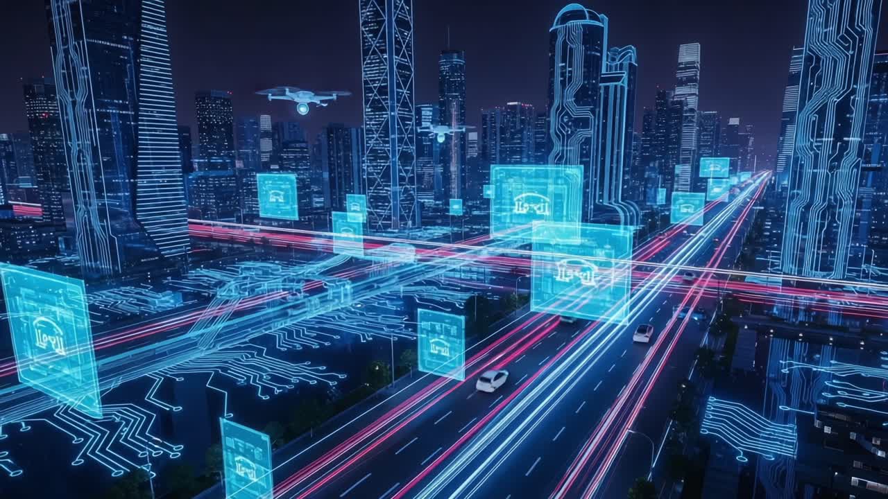 A Futuristic Cityscape Illuminated by Digital Connections: Exploring the Intersection of Urban Infrastructure and Advanced Technology in a Cyber-Enhanced Environment