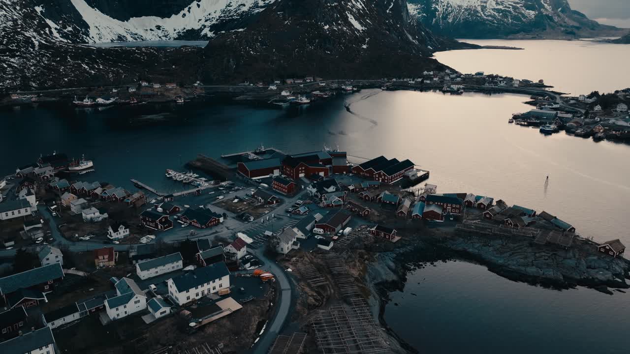Aerial View Of Seaside Houses Of Reine Fishing Village In The Early Morning In Nordland, Norway.