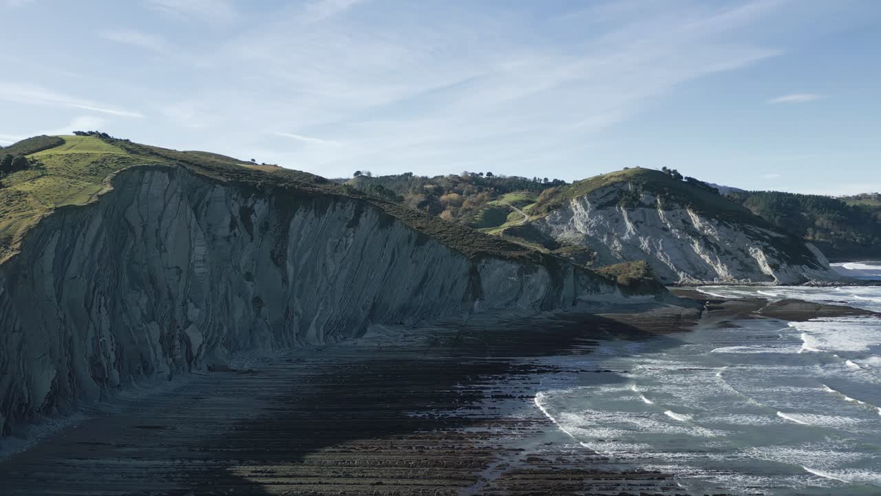 Majestetisk luftfoto av de geologiske flysch-formasjonene på baskerkysten ved Sakoneta-stranden i Zumaia, et unikt naturlandskap med klipper og et vakkert hav under en klar himmel