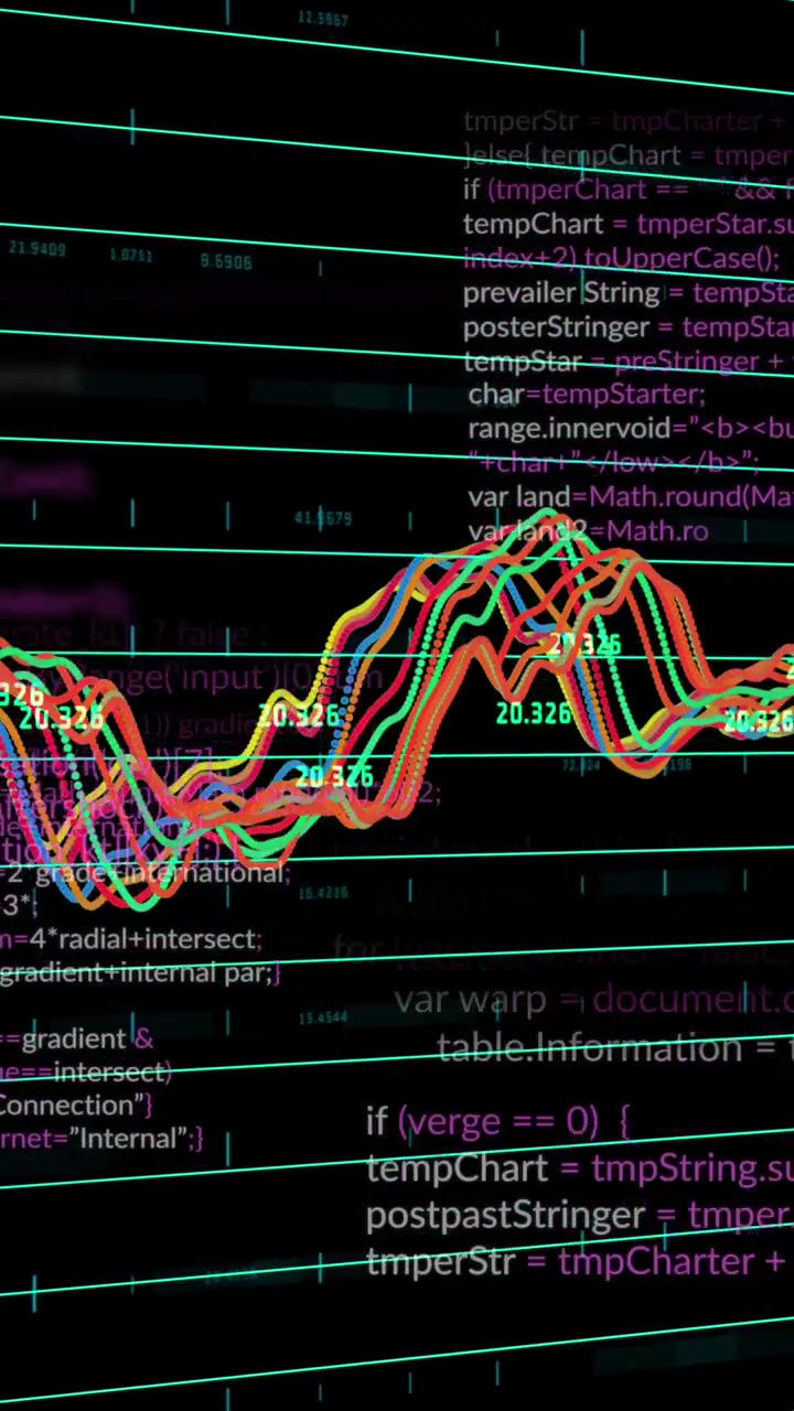 Animación de gráficos multicolores con números cambiantes y lenguaje de programación sobre fondo negro