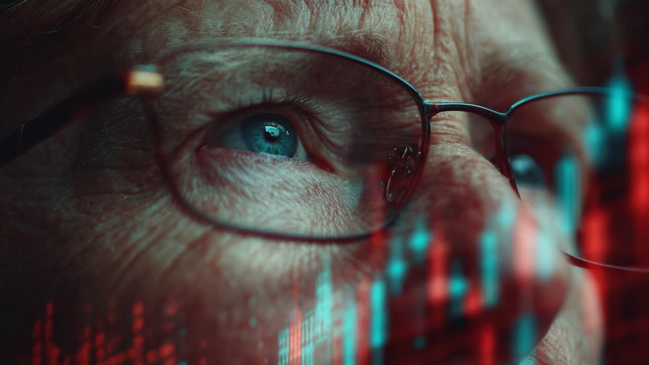A Close-Up Perspective on Financial Data Analysis, Highlighting the Intense Focus and Determination of an Older Individual Amidst Graphical Stock Trends