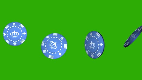 3d plastic blue casino chips slowly flowing and rotation. closeup view of poker chips with crown and symbols. winning and gamble. betting game concept. poker or roulette gaming. 4k. alpha channel