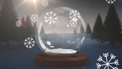 Snowflakes-falling-over-shooting-stars-around-christmas-tree-in-a-snow-globe-on-winter-landscape