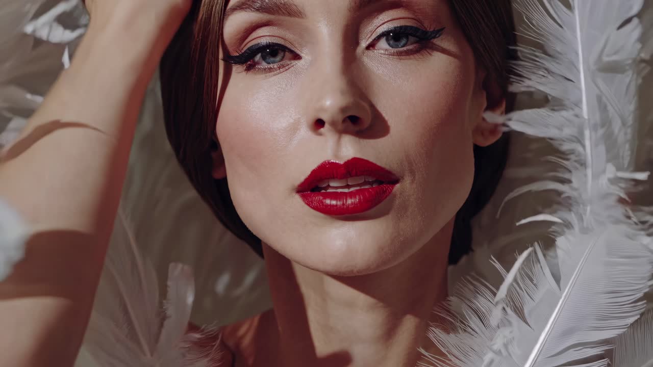 Elegant Woman with Red Lips and White Feathers
