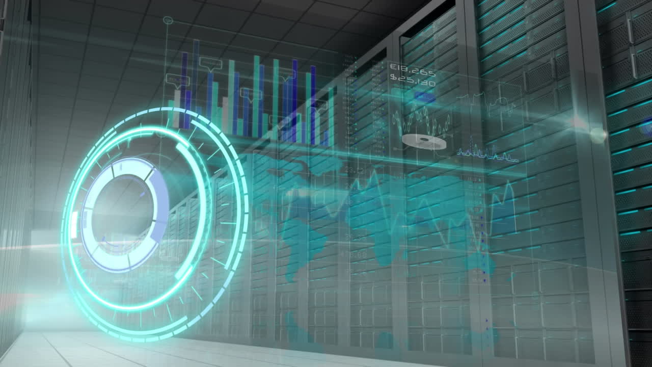 Animation of diverse data and processing circle over server room