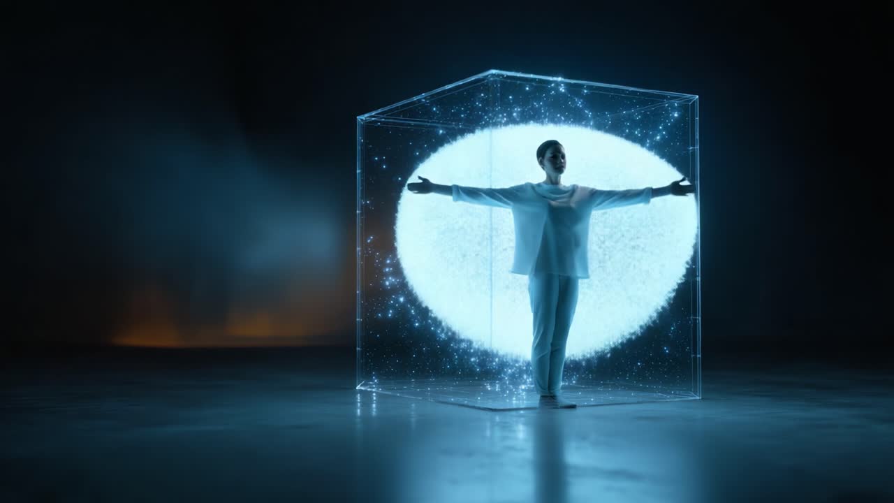 Una persona in piedi in un cubo futuristico e luminoso, pieno di stelle scintillanti e luce, che simboleggia un viaggio attraverso regni digitali e meraviglie tecnologiche