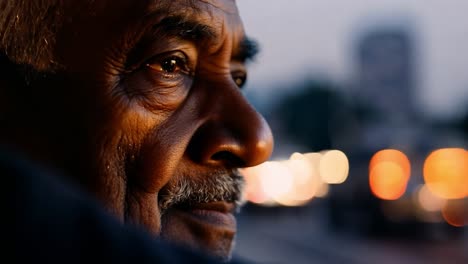 thoughtful senior citizen observing city lights at dusk, reflecting on life amidst the serene urban landscape