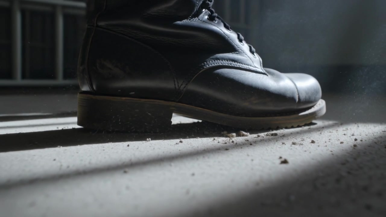 Sepatu bot kulit hitam melangkah, celana gelap, berat badan bergeser, jatuh ke lantai berdebu, menendang debu.