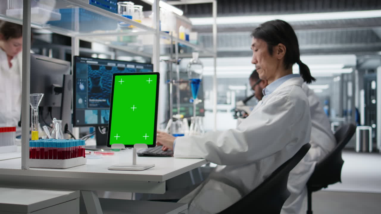 Vertical video Lab expert at desk using green screen tablet, looking at molecular model