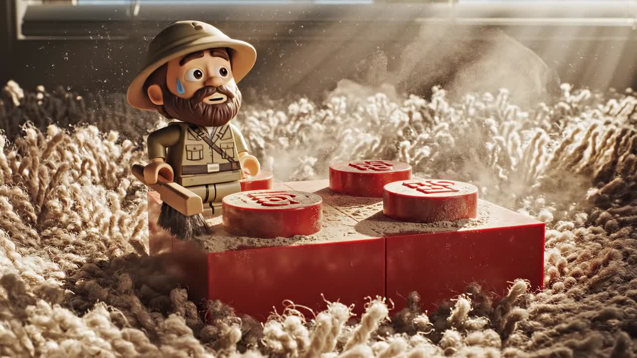 Lego Minifigure Explorer Brushing Dust on a Shaggy Carpet