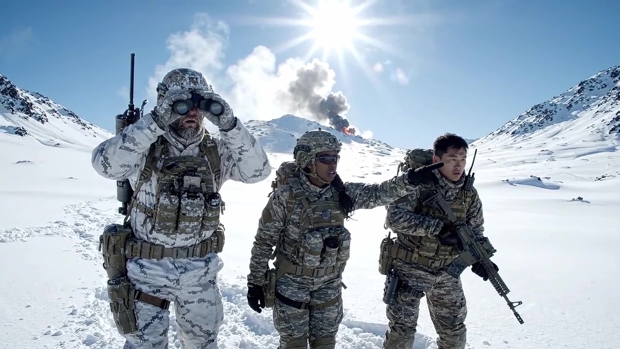 Soldati in spedizione su montagna innevata: Affrontano il clima gelido in equipaggiamento tattico, con esplosioni ed eruzioni vulcaniche sullo sfondo.