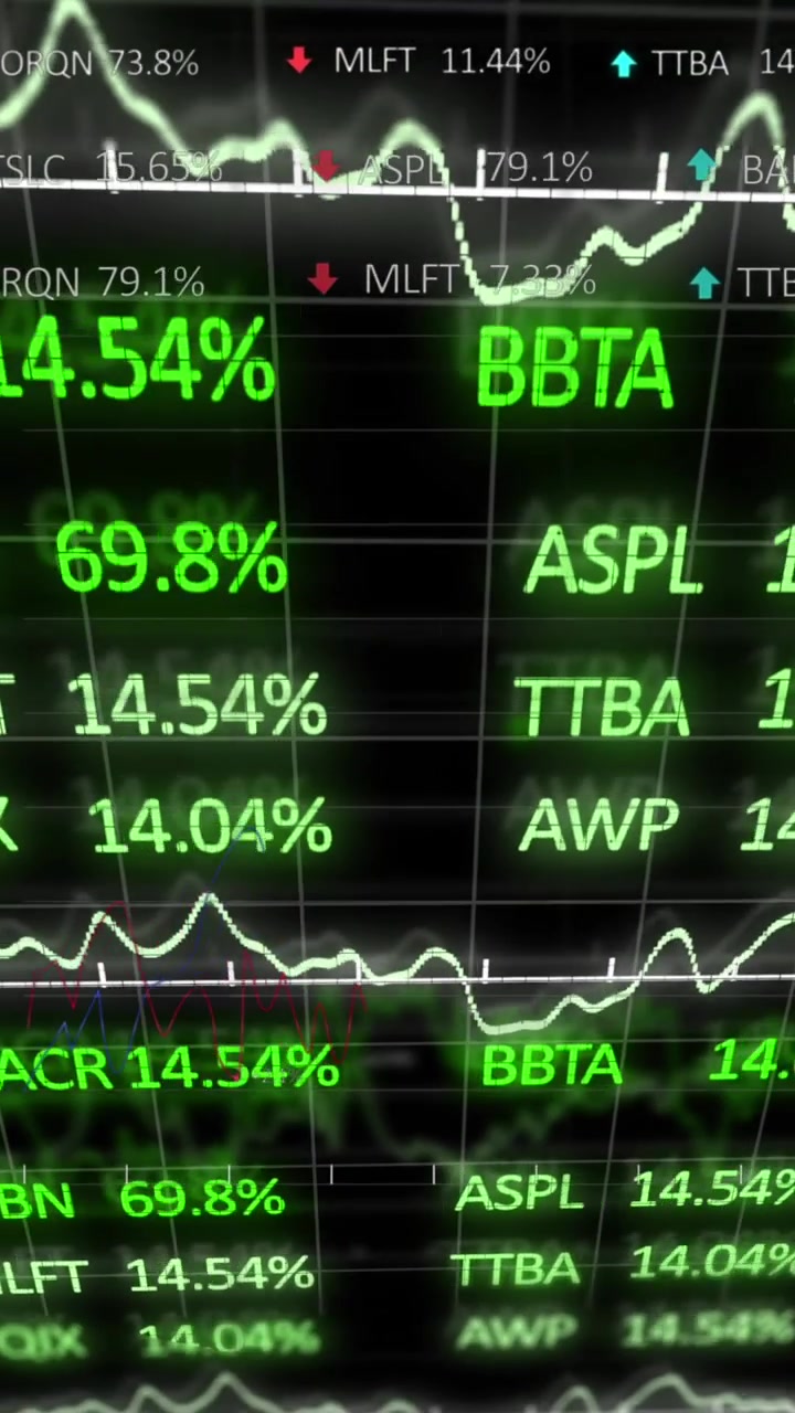Animazione dell'elaborazione di dati statistici e del mercato azionario su sfondo nero