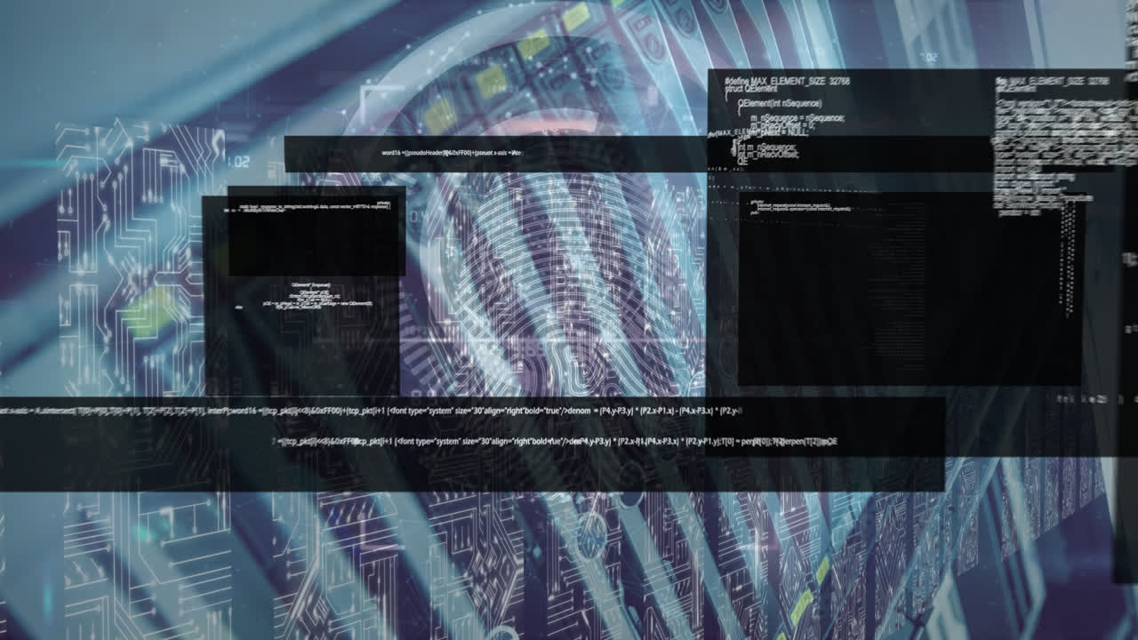 animación del lenguaje de codificación haciendo zoom con escáner biométrico a través de un servidor informático