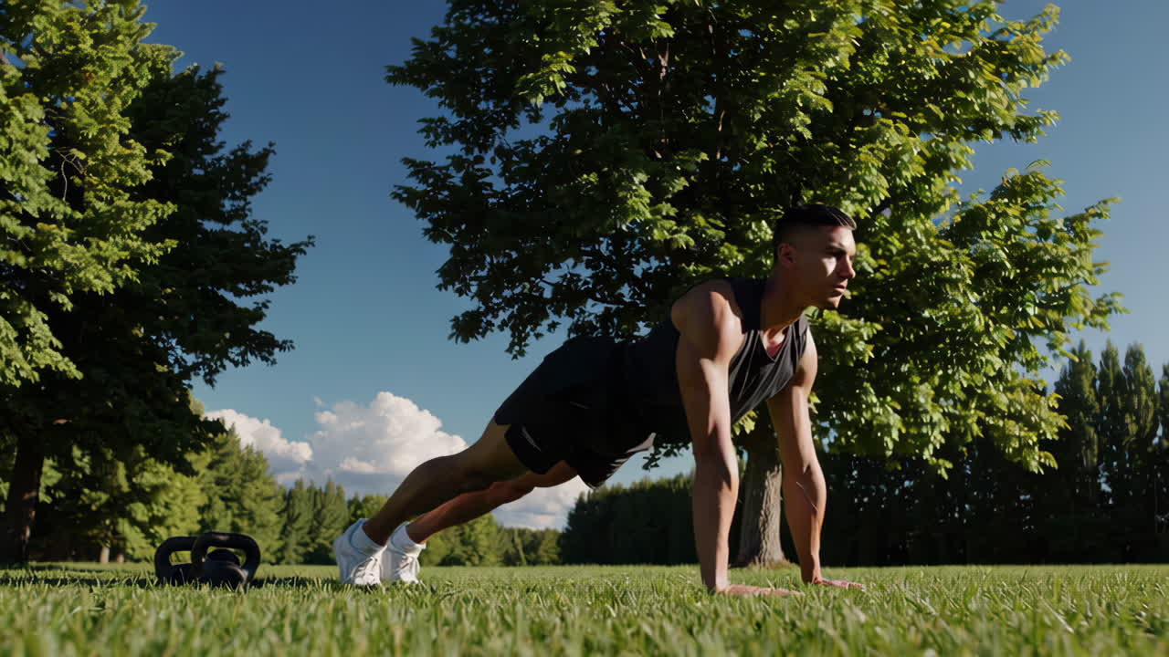 Man doing plank exercise in a park