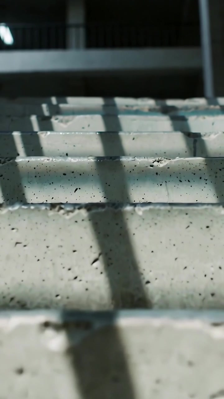 Vertical video: Sliding camera revealing concrete treads in stairwell to show railing shadow, light