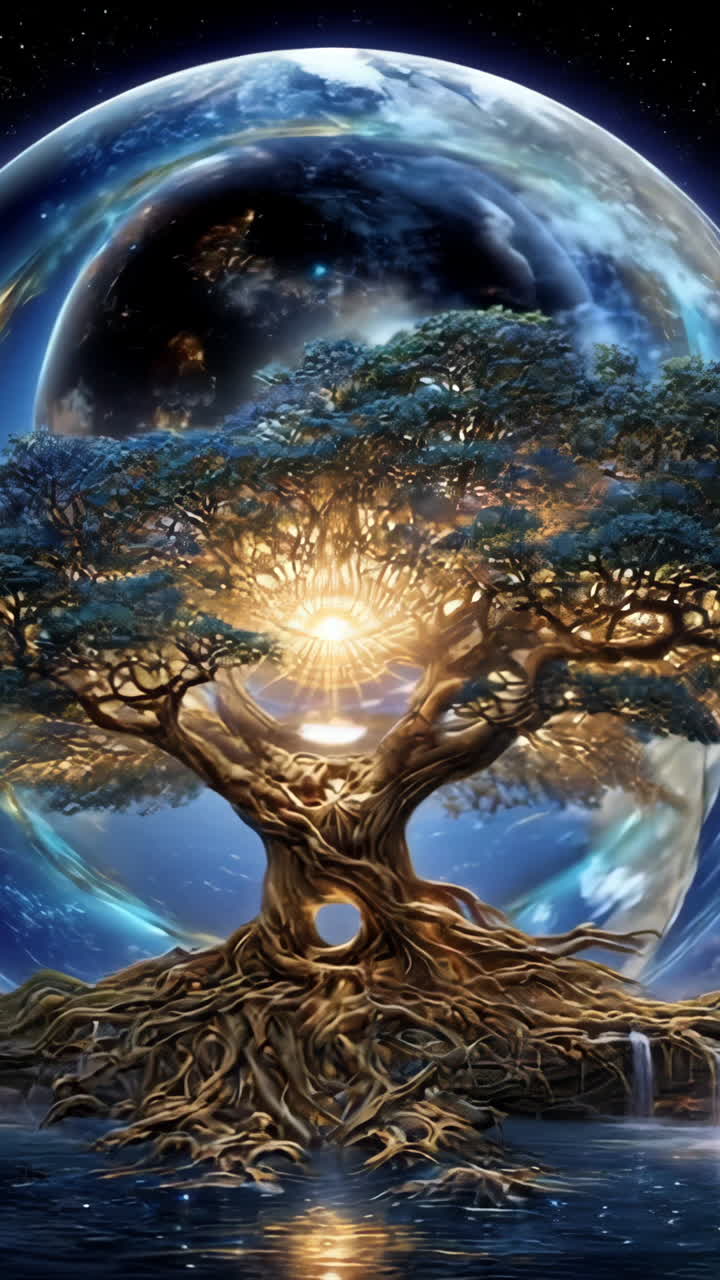 Colorful cosmic tree scene. A majestic tree emits light, surrounded by planets and cosmic elements, creating a serene and mystical atmosphere.