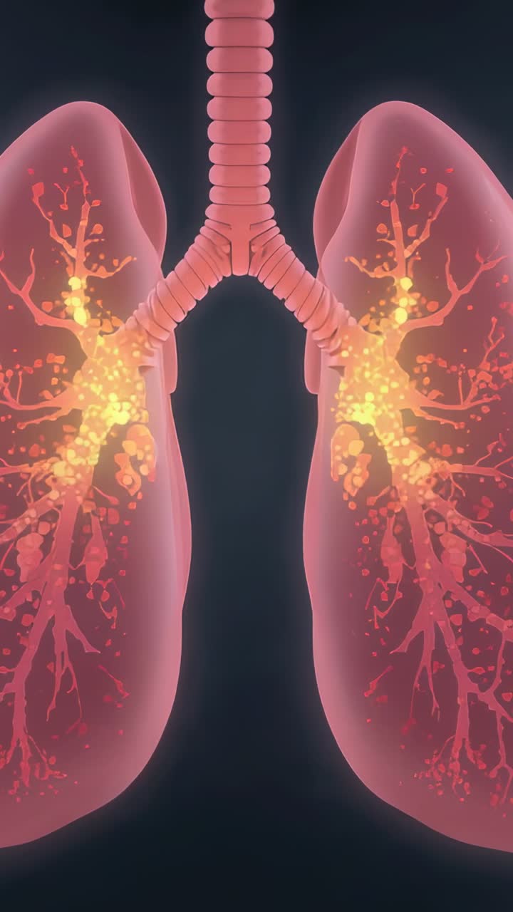 Video verticale: rendering in 3D di trachea e polmoni in animazione medicale, alone luminoso che si diffonde dagli ili ai bronchi