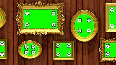 picture gallery 3d animation. gold picture frames on brown wood background. camera moves along the wall, seamless loop. motion tracking markers and green screen included.