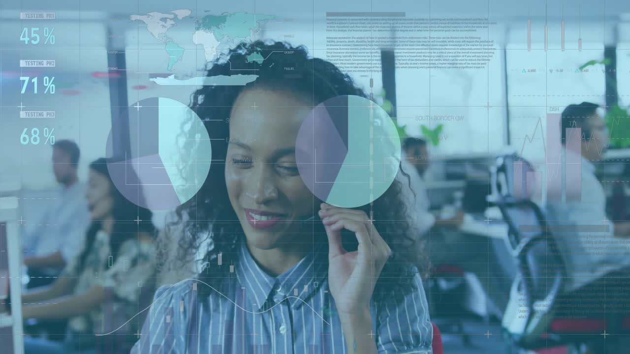 Animation of data processing over african american businesswoman using phone headset in office