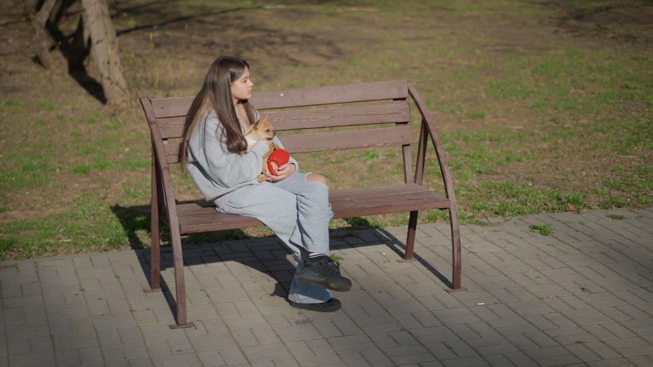 강아지 친구와 함께 생각에 잠긴 젊은 여성, 조용한 공원 벤치에 앉아 있는 젊은 여성, 평화로운 봄 아침에 포장된 산책로 옆 벤치에서 강아지와 함께 휴식을 취하는 여성