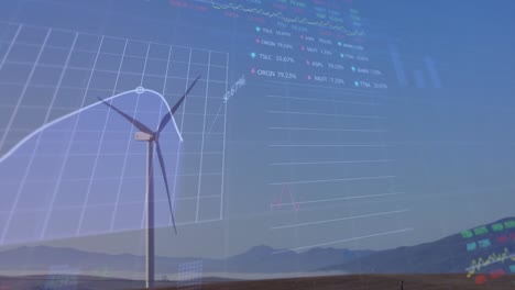 animation of financial data processing over windmill and landscape