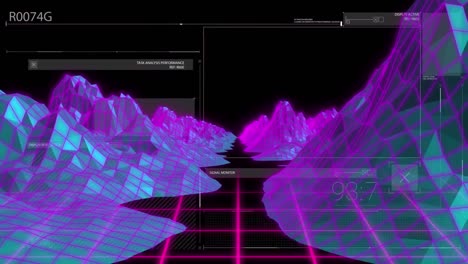 animación del procesamiento de datos sobre montañas y fondo oscuro