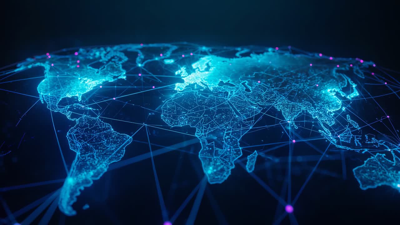 Initiating world map in cyberspace as data nodes pulsing and network lines connecting continents