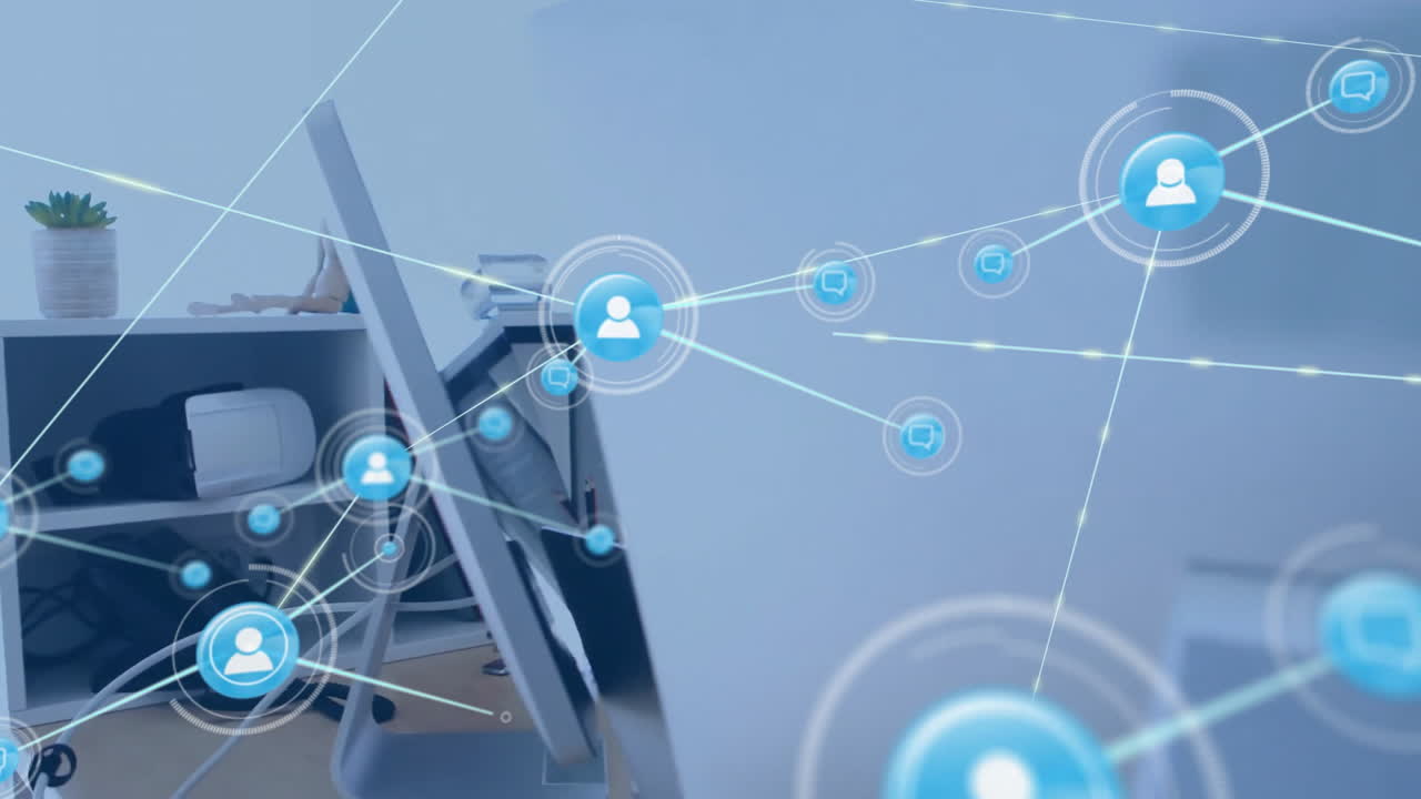 오피스 위의 아이콘과 연결 네트워크의 애니메이션