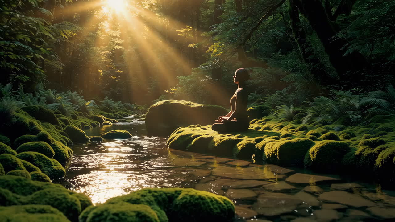 Woman meditating in a serene forest stream