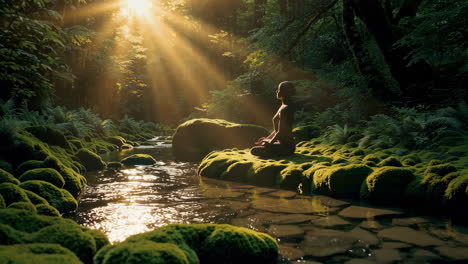 woman meditating in a serene forest stream