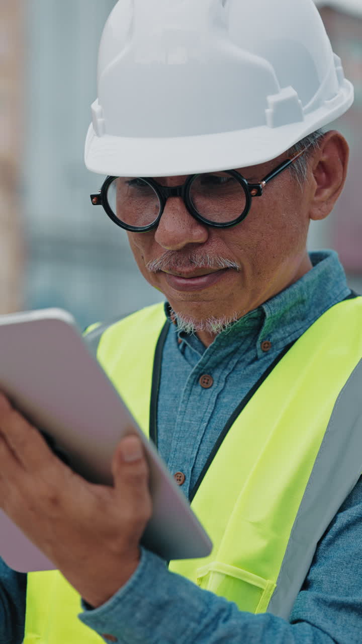 Construction Engineer Inspecting Site with Tablet