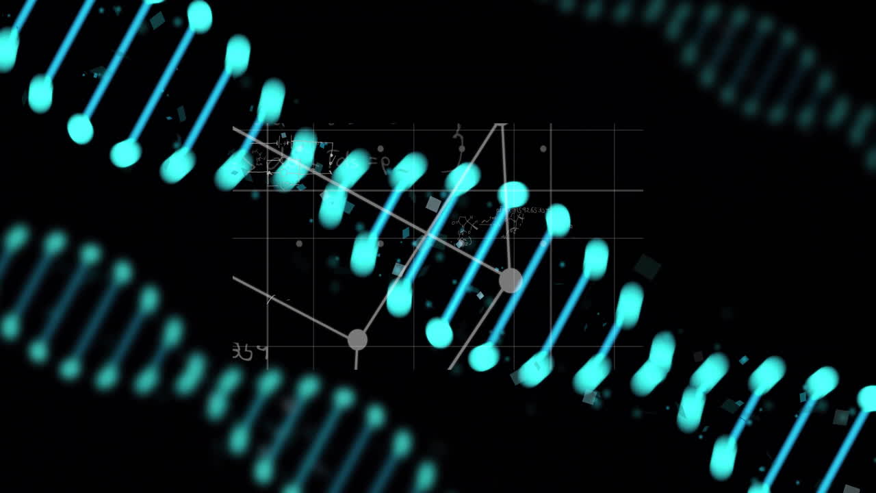 DNA strand animation over scientific data and graphs