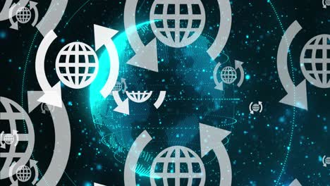 iconos de comunicación global sobre un globo azul digital que gira en el espacio.