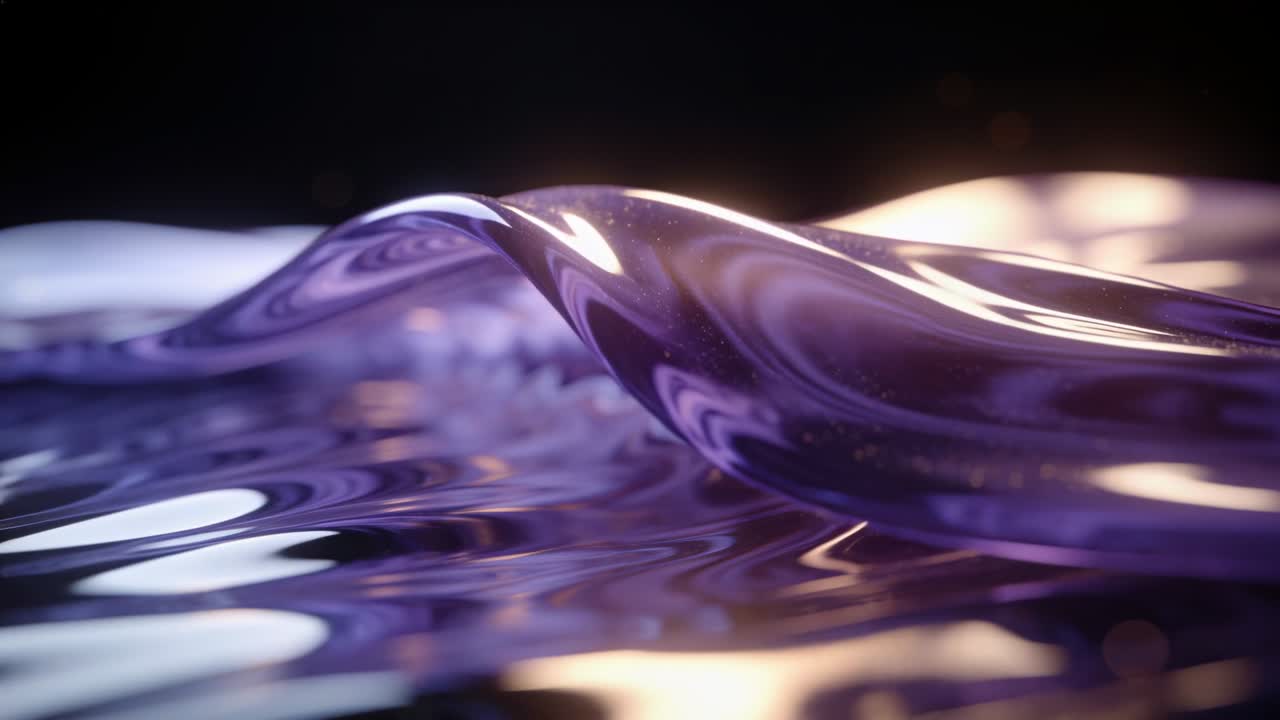 Shifting glossy purple wave lifting crest while rim light shifting, sliding right in studio, sheen