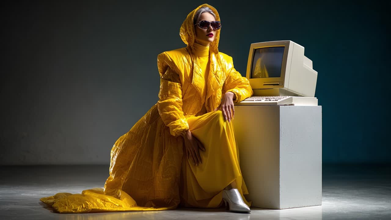 En moderigtig model i et strålende gult sæt poserer elegant ved siden af en vintage computer, der kombinerer moderne stil med retro-teknologi æstetik.