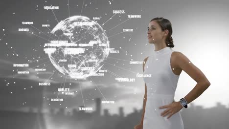Animation-of-caucasian-businesswoman-touching-a-globe-with-business-concept-texts