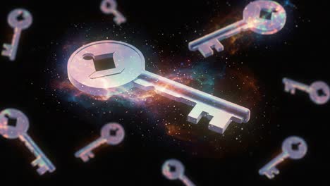 a surreal cosmic display of keys floating in a stellar background, symbolizing unlocking new possibilities and hidden potential in the universe
