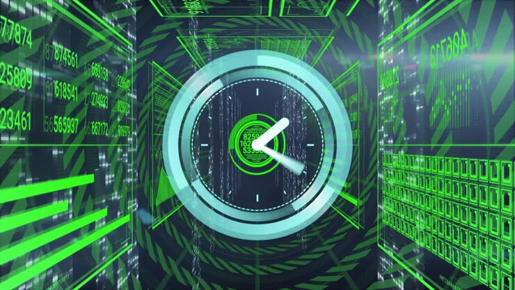 Clock interface fading triggers rotating hands and rings visualizing time data flow in cyber tunnel