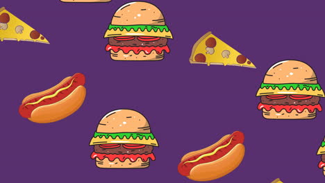 Animation of moving junk food icons on purple background