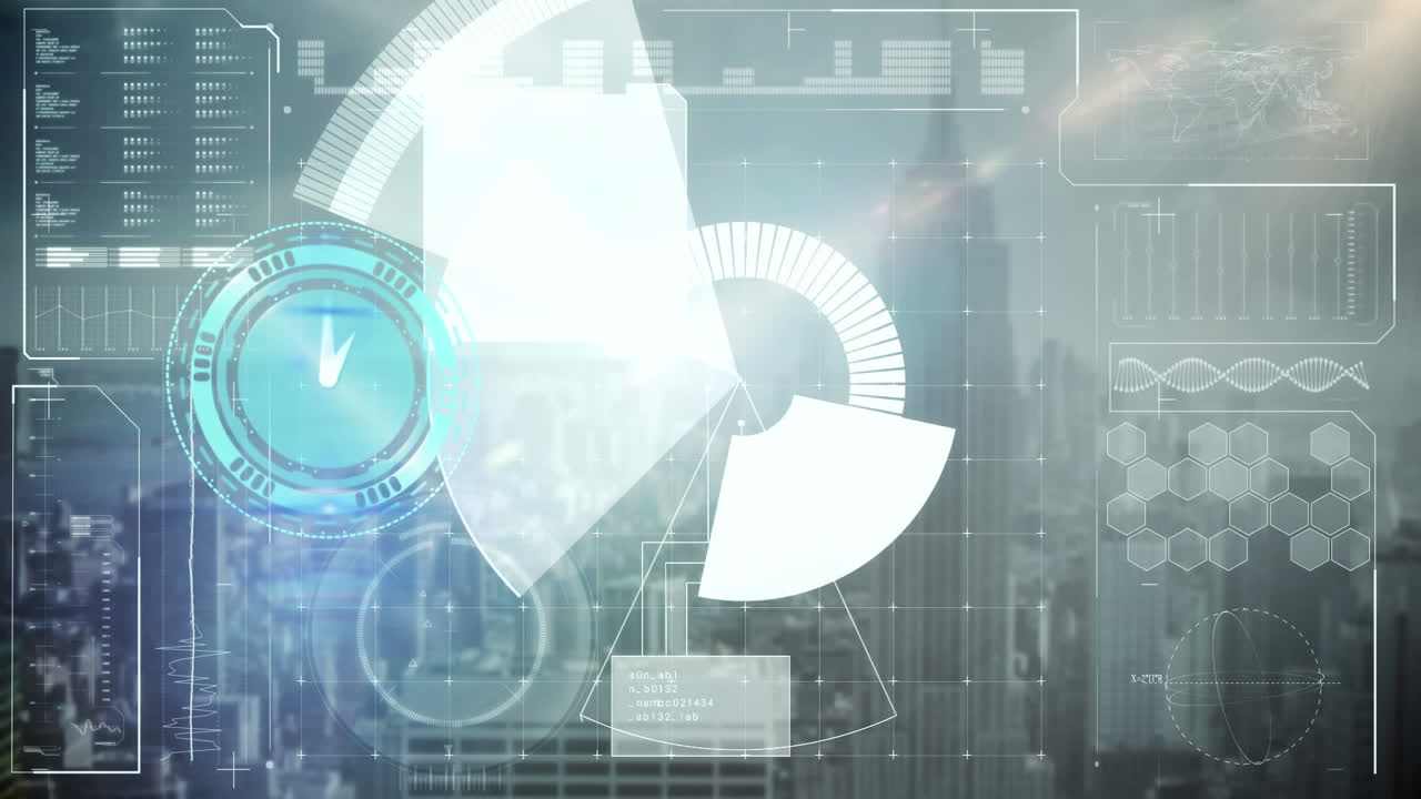시계와 데이터 처리의 애니메이션 도시 풍경