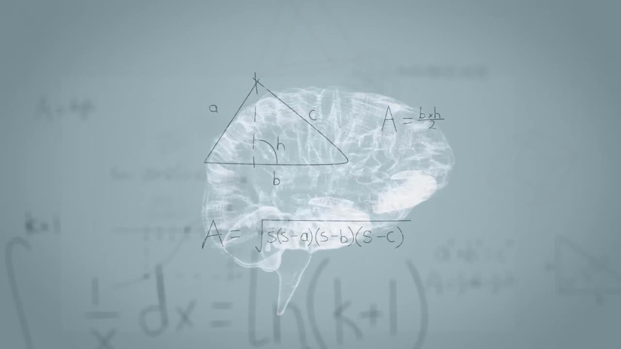 Animation of rotating brain and math formulas on grey background